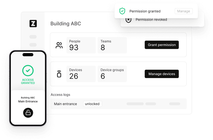 Zezamii access control system showing mobile app with access granted notification and desktop dashboard with building management, permissions, and device controls